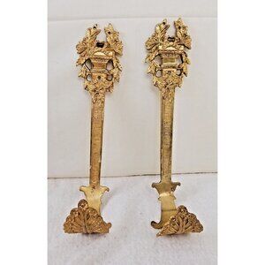 A & H Brass period leaf Curtain Holdback pair Gold 10x4x2.5 inch England tieback